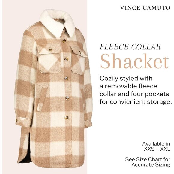 ✨Women Cream Fleece Collar Front Button Closures Shacket Long Plaid Coat Jacket - Picture 2 of 7
